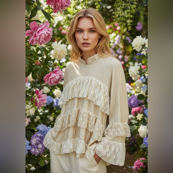 POL Cream Ruffled Tiered Blouse with Mandarin Collar - Picture 3 of 16